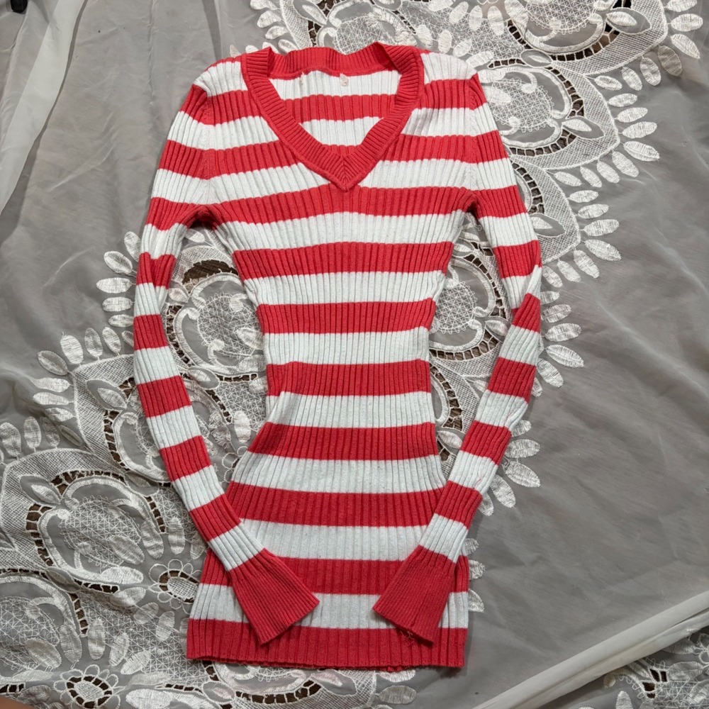 Y2K Bella Swan Fall Striped Ribbed V-Neck Long Sleeve Sweater Slim Fit Pullover